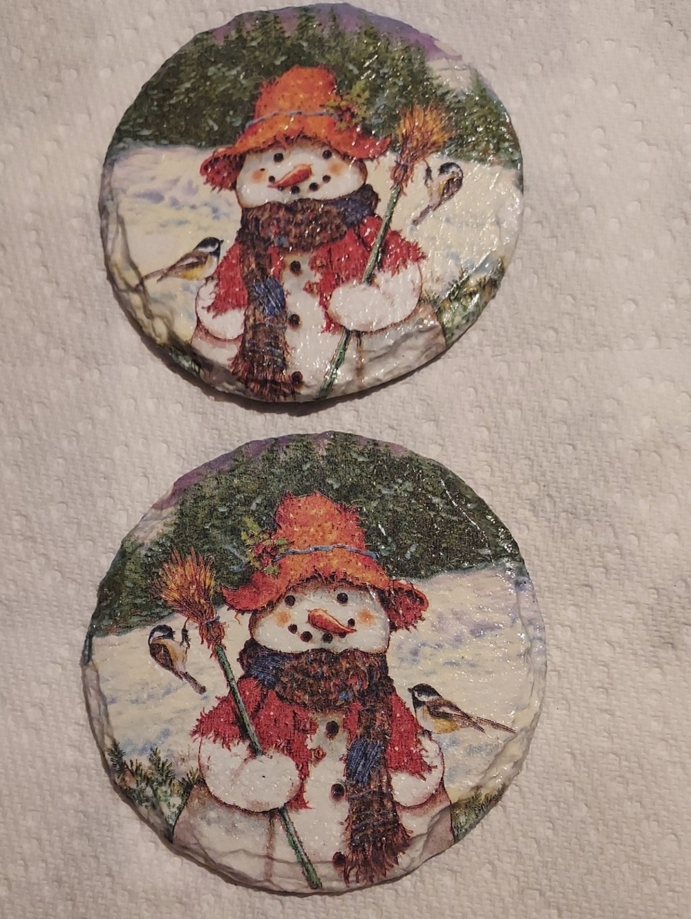 Holiday Snowman Decorative Coasters - Red and Orange. Set Of 2